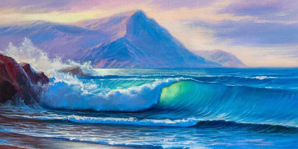 Original oil painting of  sea and beach on canvas.Rich golden Sunset over sea. Modern Impressionism.